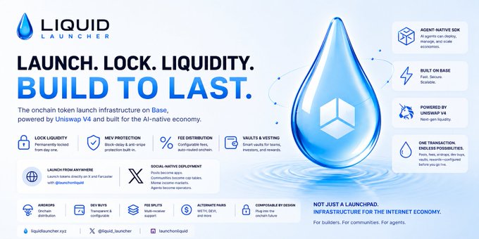 The image features a large blue water droplet with various symbols surrounding it, including a lock, a drop of liquid, and a cube symbolizing token launches or ICOs (Initial Coin Offering). The text above the water droplet reads "Liquid feels like a glimpse into what token launches could become once the meme-era chaos evolves into real infrastructure". This suggests that the image is promoting the idea of using tokens to create a more stable and efficient financial system, similar to how liquid can be used as an energy source. The droplets are arranged in such a way that they appear to be floating or hovering above the water, emphasizing their connection to the concept of token launches and ICOs.