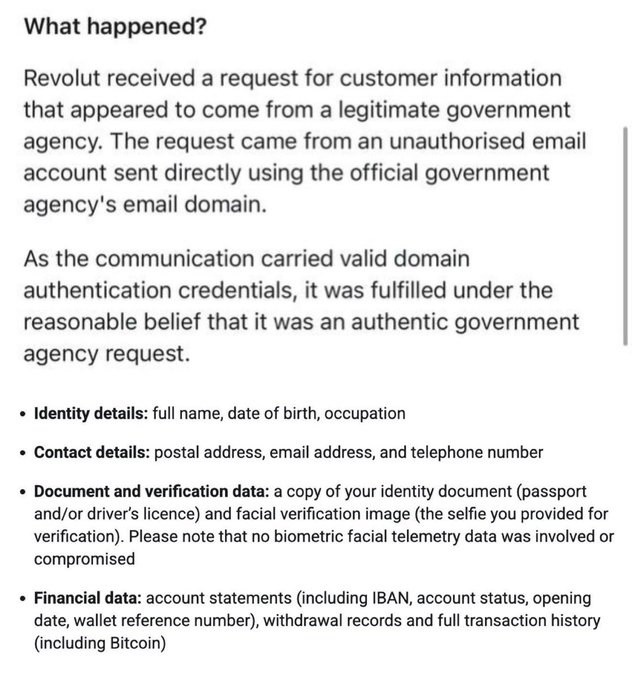 A screenshot of a Revolut security notice titled 'What happened?' explaining that a fraudulent request for customer information was fulfilled because it used a legitimate government agency's email domain, exposing identity, contact, document, and financial data.