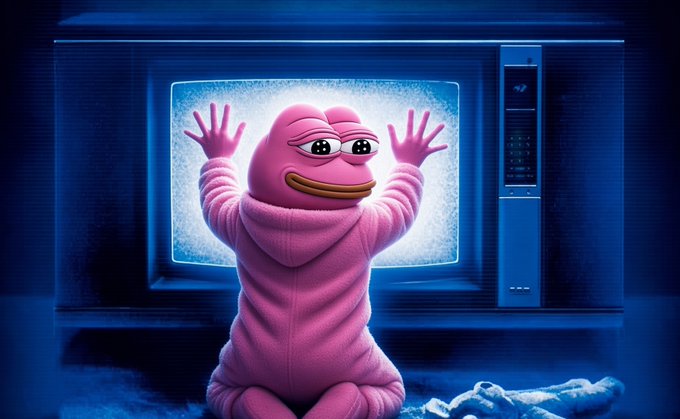 A pink, fuzzy creature with a wide grin and raised hands emerges from the static glow of an old CRT television, perfectly embodying the post's declaration of being "born in the $PORK" — a crypto-cult figure claiming native status over the meme coin while others are just visitors.