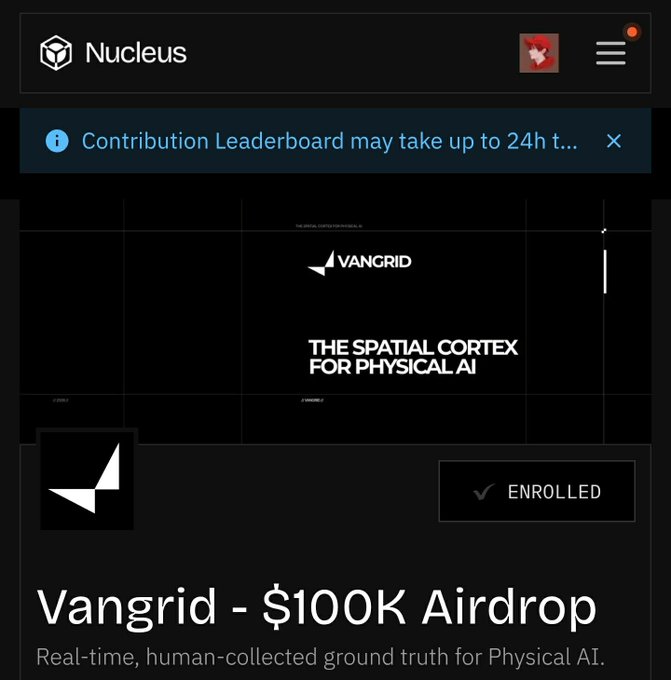 A Nucleus platform page announcing a Vangrid $100K Airdrop for 'Real-time, human-collected ground truth for Physical AI.'