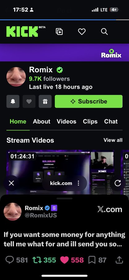 Screenshot of the Kick streaming app showing the 'Romix' channel with 9.7K followers, featuring a tweet overlay from @RomixUS that reads 'If you want some money for anything tell me what for and ill send you so...'