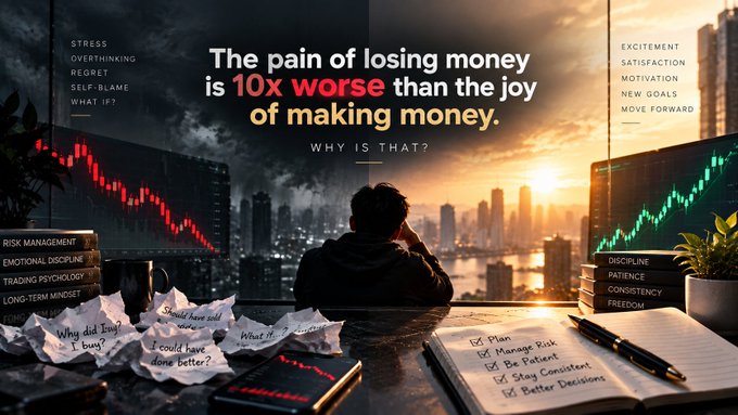 A motivational graphic with the headline 'The pain of losing money is 10x worse than the joy of making money. WHY IS THAT?' showing a person sitting at a desk with city views, flanked by screens displaying a red declining chart and a green rising chart, alongside lists of negative and positive emotions.