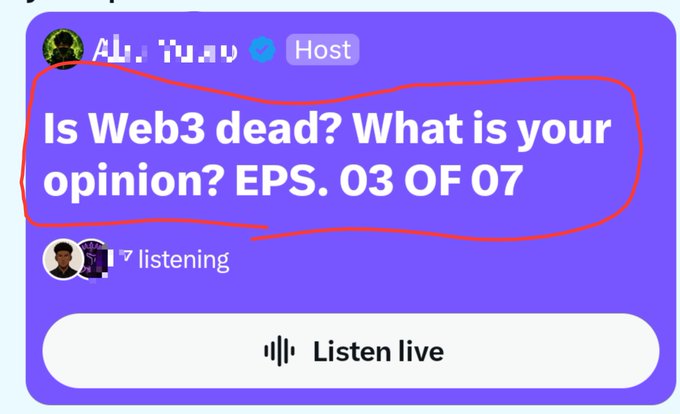 A purple social media audio room interface hosted by 'AH_1949' titled 'Is Web3 dead? What is your opinion? EPS. 03 OF 07' with one user listening.