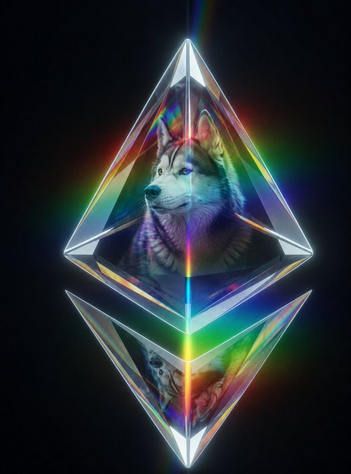 A digital artwork of a husky dog's face encapsulated within a translucent, glowing Ethereum diamond-shaped crystal with rainbow light refractions, reflecting on a glossy surface below.