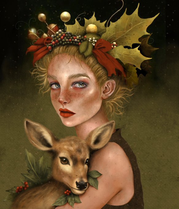 A digital painting portrays a girl with blonde hair wearing a festive holly and oak leaf crown, holding a fawn against a dark green background.