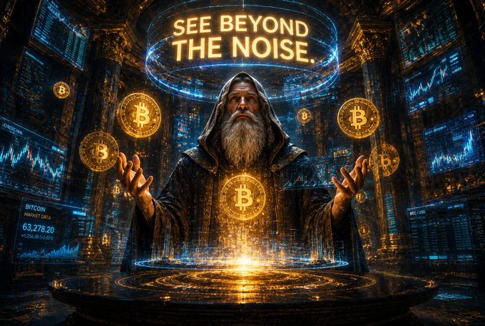 An AI-generated image features a hooded wizard surrounded by floating Bitcoin coins in a high-tech setting, with the text 'SEE BEYOND THE NOISE.'