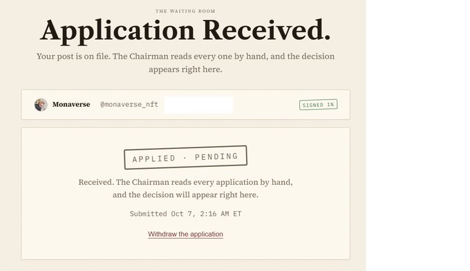 A screenshot showing an 'Application Received' page from 'THE WAITING ROOM' for user 'Monaverse' (@monaverse_nft), with a status of 'APPLIED · PENDING' and an option to 'Withdraw the application'.
