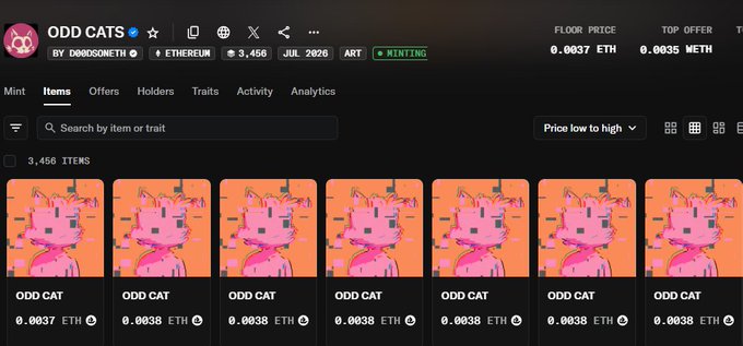 A screenshot of the ODD CATS NFT collection by 0000Sone.eth on Ethereum, showing 3,456 items listed with prices ranging from 0.0037 ETH to 0.0038 ETH.