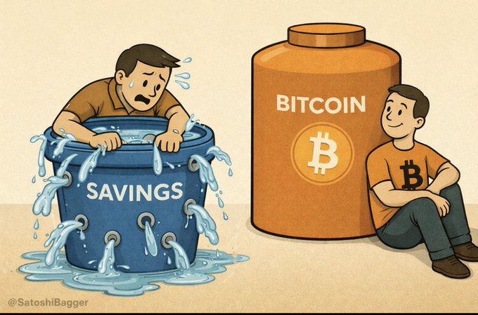 Cartoon illustration by @SatoshiBagger showing a sweating person struggling in a leaking bucket labeled 'SAVINGS' next to a smiling person sitting against a large container labeled 'BITCOIN'.