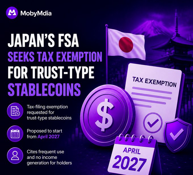An infographic titled 'JAPAN'S FSA SEEKS TAX EXEMPTION FOR TRUST-TYPE STABLECOINS' with bullet points requesting a tax-filing exemption proposed to start from April 2027, featuring a Japanese flag and a dollar coin.