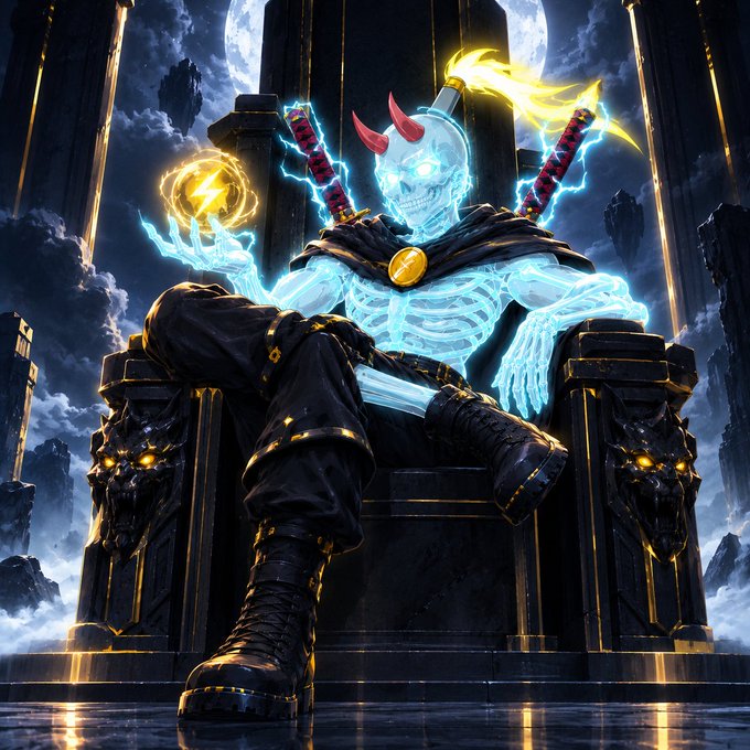 A skeletal demon lord with glowing blue energy and twin flaming swords sits upon a gothic throne beneath a full moon, conveying the ominous, high-stakes "get in early" energy of the crypto call-out. The imposing undead sovereign embodies the warning not to miss the upcoming drop.