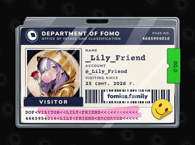 A digital ID card graphic for the 'Department of Fomo' issued to the name '_Lily_Friend' under the account '@_Lily_Friend', featuring an anime-style character blowing a pink bubblegum bubble.