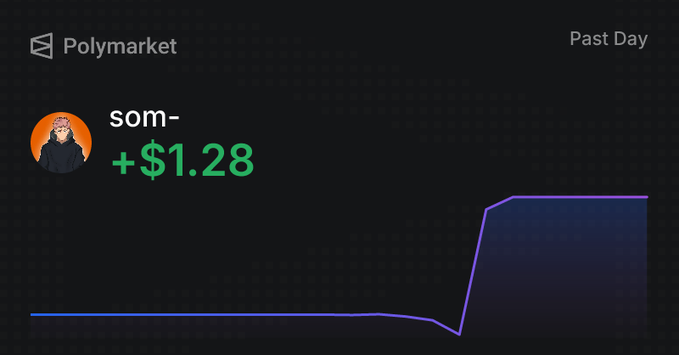 A Polymarket dashboard shows user 'som-' with a +$1.28 gain over the past day, displayed above a purple line graph showing a sharp upward spike.