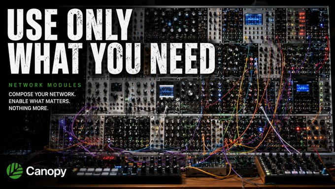 A promotional graphic for 'Canopy' featuring a complex modular synthesizer setup with colorful patch cables, with the bold text 'USE ONLY WHAT YOU NEED' and the tagline 'NETWORK MODULES — Compose your network. Enable what matters. Nothing more.'