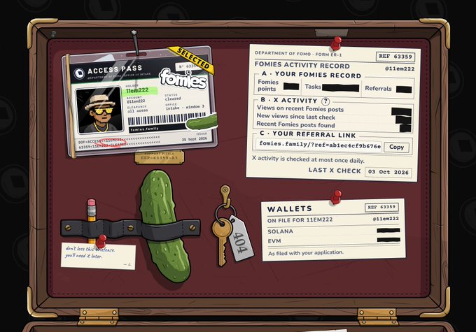 A stylized open briefcase illustration displaying a 'Department of Fomo' activity record, an access pass for '1lem222', a pickled cucumber, and a wallet file.