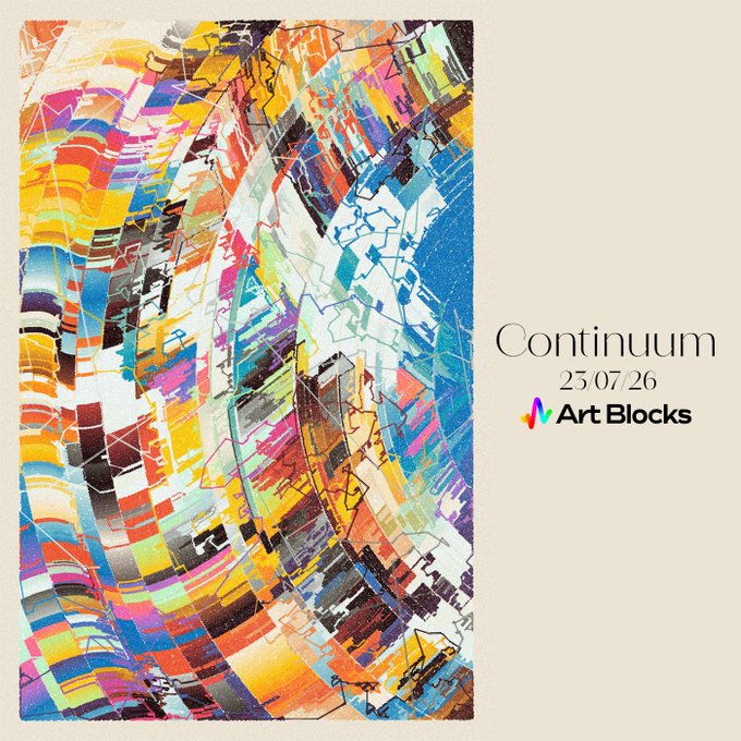 A vibrant abstract artwork featuring swirling bands of rainbow colors with geometric line work, displayed alongside text reading "Continuum 23 07/26" and the "Art Blocks" logo, promoting the upcoming launch of the Continuum generative art algorithm on Art Blocks on July 23, 2026.