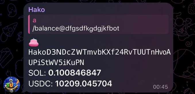 A Telegram-style chat screenshot shows the Hako bot responding to a `/balance` command with wallet details displaying SOL: 0.100846847 and USDC: 10209.045704, supporting the post's claim of having "made 5 figs" by showing over $10,000 in USDC holdings.