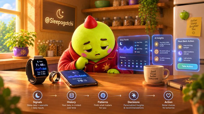 A green, sleepy avocado-like mascot wearing pajamas and a nightcap sits at a wooden desk surrounded by wearable devices displaying sleep metrics like "7h 48m" and "78%," alongside holographic dashboards titled "Sleep Trends," "AI Insights," and "Next Best Action." The image visually reinforces the post's message by illustrating the "stack" of connected health tech—from signals and history to patterns, decisions, and action—that Sleepagotchi uses to deliver actionable wellness insights rather than just raw data and scores.