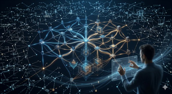 The image features a man standing next to a computer screen, with his hand pointing at the screen as if he's using an app or navigating through some digital content. The background of the image is filled with blue lines and dots, which could be interpreted as a complex network of connections or data points. The post that accompanies this image seems to be promoting a new technology called Quip Network, which uses artificial intelligence (AI) to analyze and interpret large amounts of data in real-time. This AI-powered system can help users make better decisions by providing them with valuable insights from the data they have collected over time.