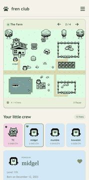 A mobile game screenshot of 'fren club' showing 'The Farm' map and a 'little crew' section with character avatars like 'midgel' and 'mumble' on a green background.