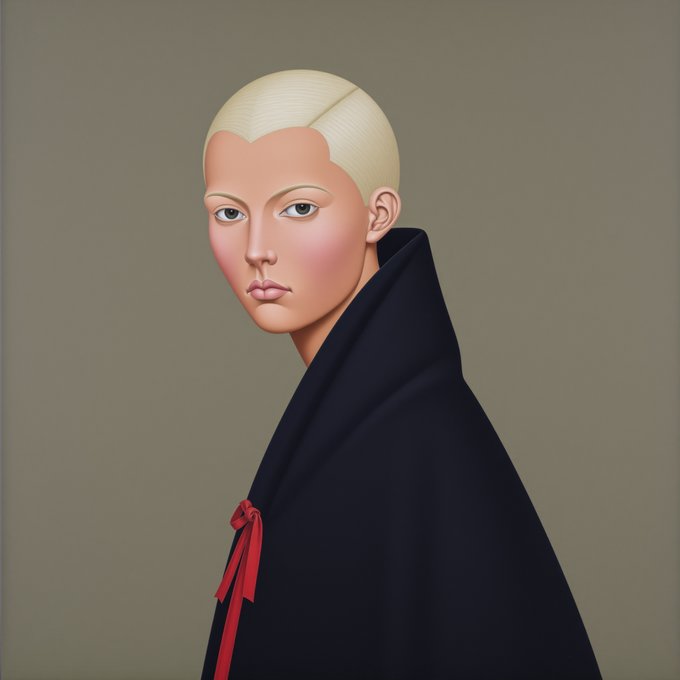A digital portrait shows a stylized figure with platinum blonde hair, pale skin, and a serious expression, draped in a black cloak fastened with a red ribbon against a muted olive background. The artwork likely serves as a teaser or character reveal for the upcoming NFT mint, counting down to the launch event.