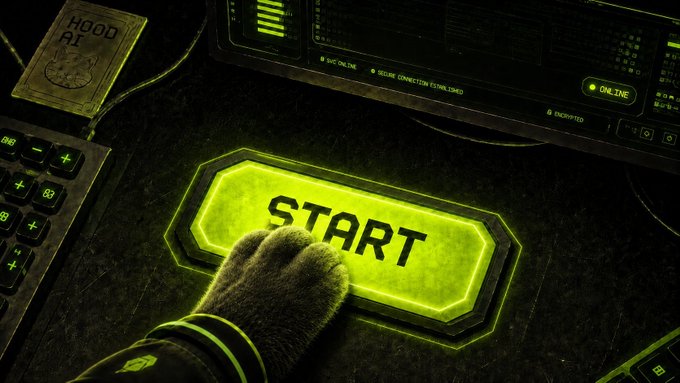 A gloved hand presses a glowing green START button on a control panel, with a keyboard and a hooded figure's ID card visible in the background.