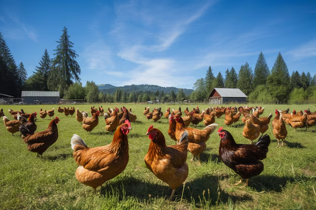 A large flock of brown and reddish chickens free-ranging in a green grassy field, with farm buildings, pine trees, and mountains visible in the background under a blue sky.