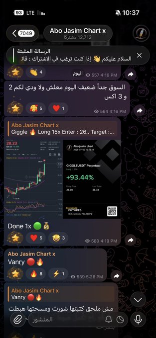 A screenshot of a Telegram chat from 'Abo Jasim Chart x' showing messages in Arabic, crypto trading alerts including 'GIGGLE/USDT Perpetual +93.44%' and 'Long 15x Enter: 26', and a Binance chart image.