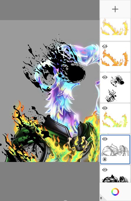 A digital art workspace showing a stylized character with a flaming, ink-splattered skull-like head and flames rising from a green outfit, with a layer panel on the right showing various flame and ink texture options.