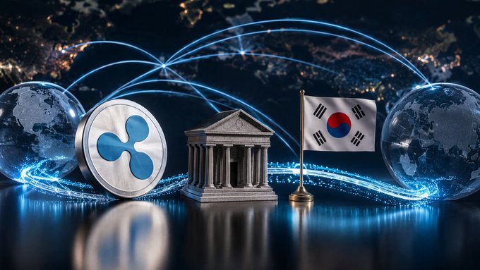The image depicts the XRP logo alongside the South Korean flag and a classical bank building, set against a backdrop of glowing globes and interconnected light trails symbolizing global finance networks. It visually represents XRP's dominance in South Korea's crypto market and Ripple's expanding institutional presence following the XRP Seoul event.