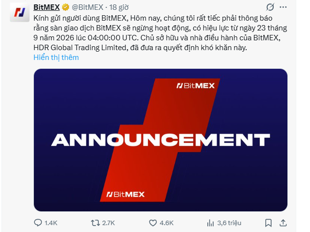 A BitMEX Twitter/X announcement in Vietnamese from @BitMEX dated 18 hours ago, announcing service suspension effective July 23, 2026 at 04:00:00 UTC, with the post showing 1.4K replies, 2.7K reposts, 4.6K likes, and 3.6 million views.