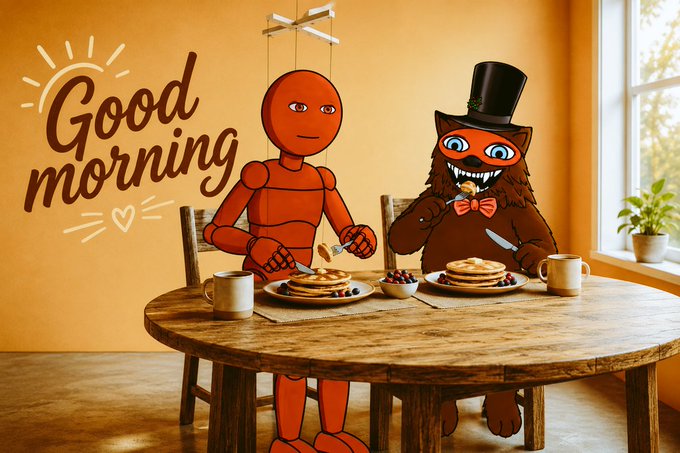 A whimsical 'Good morning' illustration showing a wooden marionette and a furry monster wearing a top hat and bow tie sitting at a wooden table enjoying pancakes and coffee.