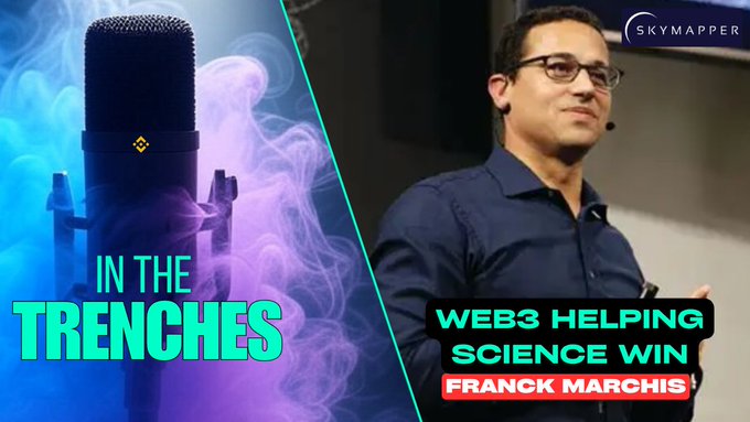 Promotional graphic for a podcast episode titled "IN THE TRENCHES" featuring a microphone on the left and a man on the right, with text reading "WEB3 HELPING SCIENCE WIN - FRANCK MARCHIS" and a "SKYMAPPER" logo.