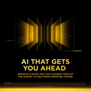 A sleek black and gold advertisement for Binance AI features stylized golden panels displaying fragmented market data, with the bold tagline "AI THAT GETS YOU AHEAD" and the subtitle "BINANCE AI GIVES YOU THE CLEAREST VIEW OF THE MARKET TO HELP MOVE SMARTER, FASTER." The visual reinforces the post's message by symbolizing how the AI filters through overwhelming market information to deliver clear, actionable signal amid the noise.