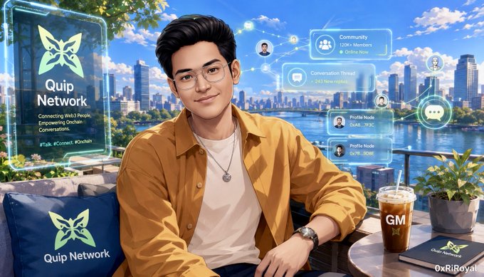 The image features a man sitting at a table with a cup of coffee, wearing glasses and a yellow shirt. The background shows an illustration of a city skyline, indicating that they are likely in a cafe or similar public space. The text on the image reads "Quip Network" and "Good afternoon, Crypto is used to paying for security. @quipnetwork is trying to make that spend productive. That is the part I think people are still underrating." This message suggests that Quip Network is promoting the use of cryptocurrency as a means of securing digital transactions in the financial world. The man's presence and attire indicate that he might be a user or enthusiast of this technology, while his location at a cafe further supports the idea that they are discussing or experiencing these concepts in real life.