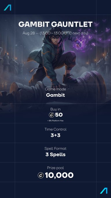 Promotional graphic for "GAMBIT GAUNTLET" featuring a hooded character conjuring purple magic, with details showing a 24-hour chess event starting Aug 28 from 13:00-13:00 UTC, featuring 50 CHECK buy-in, 3+3 time control, 3 Spell format, and a 10,000 CHECK prize pool.