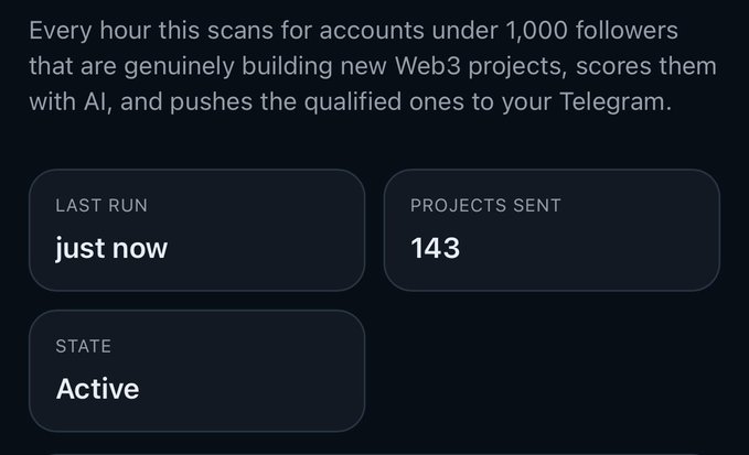 A dashboard interface showing a Web3 project scanner that monitors accounts under 1,000 followers, displaying a last run of 'just now,' 143 projects sent, and an 'Active' state.