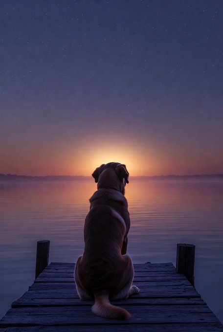 A digital illustration shows a dog sitting on a wooden dock, silhouetted against a vibrant sunset over a calm lake.