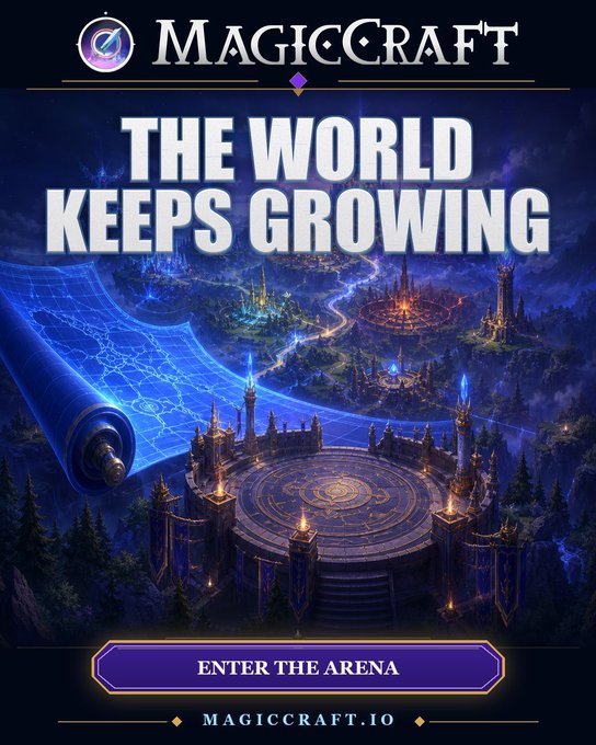 An advertisement for MagicCraft displays the headline "THE WORLD KEEPS GROWING" above a fantasy landscape with a glowing blue scroll and castles, with a button reading "ENTER THE ARENA" and the URL "MAGICCRAFT.IO".