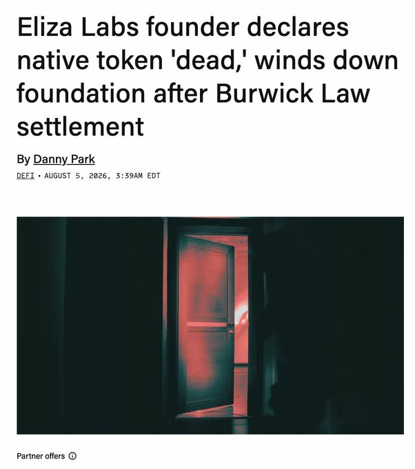 The image shows a news headline from The Block dated August 5, 2026, with the title "Eliza Labs founder declares native token 'dead,' winds down foundation after Burwick Law settlement," by Danny Park, accompanied by a moody image of a doorway glowing with red light. The headline relates to the post's commentary about Burwick Law being "ambulance chasers" who file lawsuits against crypto projects when their tokens decline, using the Eliza Labs settlement as a prime example of this criticized practice harming the industry.