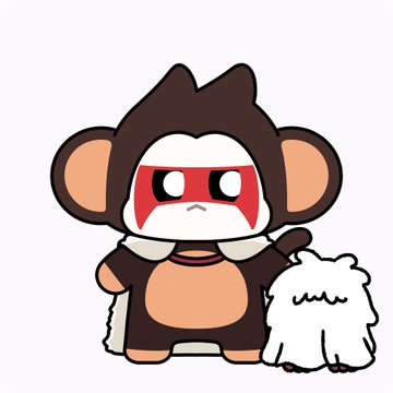 A cartoon monkey character with a red mask and white fur accents stands next to a small white fluffy dog.