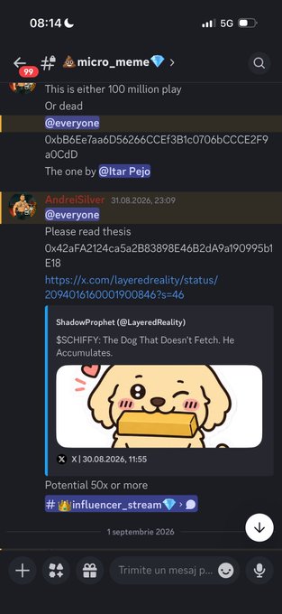 A Telegram chat screenshot from the "micro_meme" channel discussing the $SCHIFFY token, featuring a quote-tweet of a ShadowProphet post with an image captioned "POTENTIAL 50x OR MORE." The thread includes cryptographic addresses and a LayeredReality article link, relating to the post's prediction of $SCHIFFY reaching a 50x gain.
