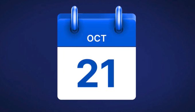 A blue calendar icon showing 'OCT 21' on a dark blue background.