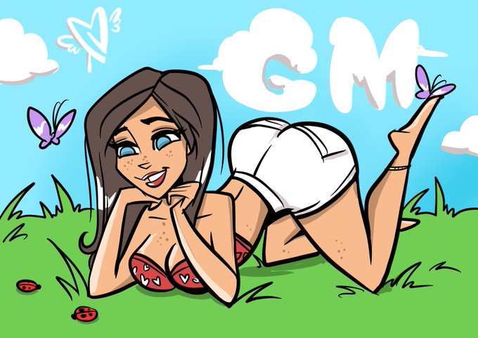 A cartoon illustration with the watermark "GM" depicts a smiling dark-haired woman with blue eyes lying on grass in a bikini top and white shorts, with a butterfly perched on her raised foot.
