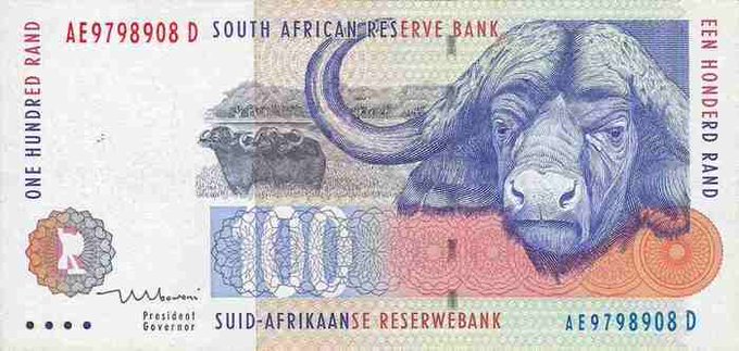 The image features a one-hundred South African Reserve Bank note with a blue buffalo illustration on it. The bill has a denomination of 100 South African Rand (R100) and is valued at 1,000 South African Rands. The post about this particular banknote highlights that it was issued by the South African Reserve Bank and is now in the possession of the person who wrote the caption.