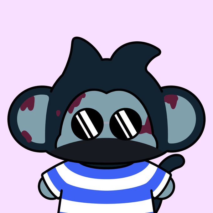 A cartoon illustration of a blue monkey character wearing sunglasses and a blue and white striped shirt against a pink background.