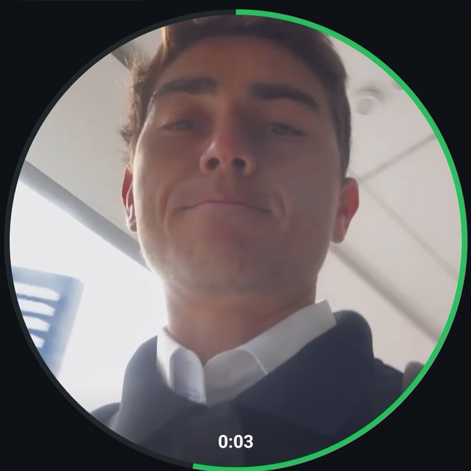 A circular profile photo shows a young man with brown hair wearing a dark sweater over a white collared shirt, with a green ring indicating a few seconds of an audio message.