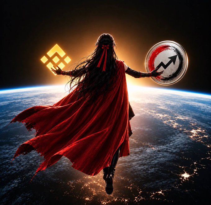 A digital artwork of a female warrior seen from behind, wearing a flowing red cape, holding a glowing Binance (yellow square) logo in one hand and a red-and-white circular token logo in the other, floating above Earth.