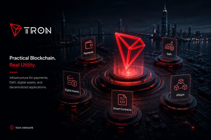 A promotional graphic for the TRON blockchain with red neon styling, showing the tagline 'Practical Blockchain. Real Utility.' and highlighting categories: Payments, DeFi, Digital Assets, Smart Contracts, and dApps, with tron.network at the bottom.