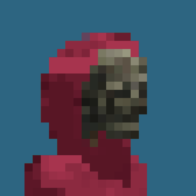 A pixel art illustration featuring a red figure with a green and dark-colored face against a solid blue background.